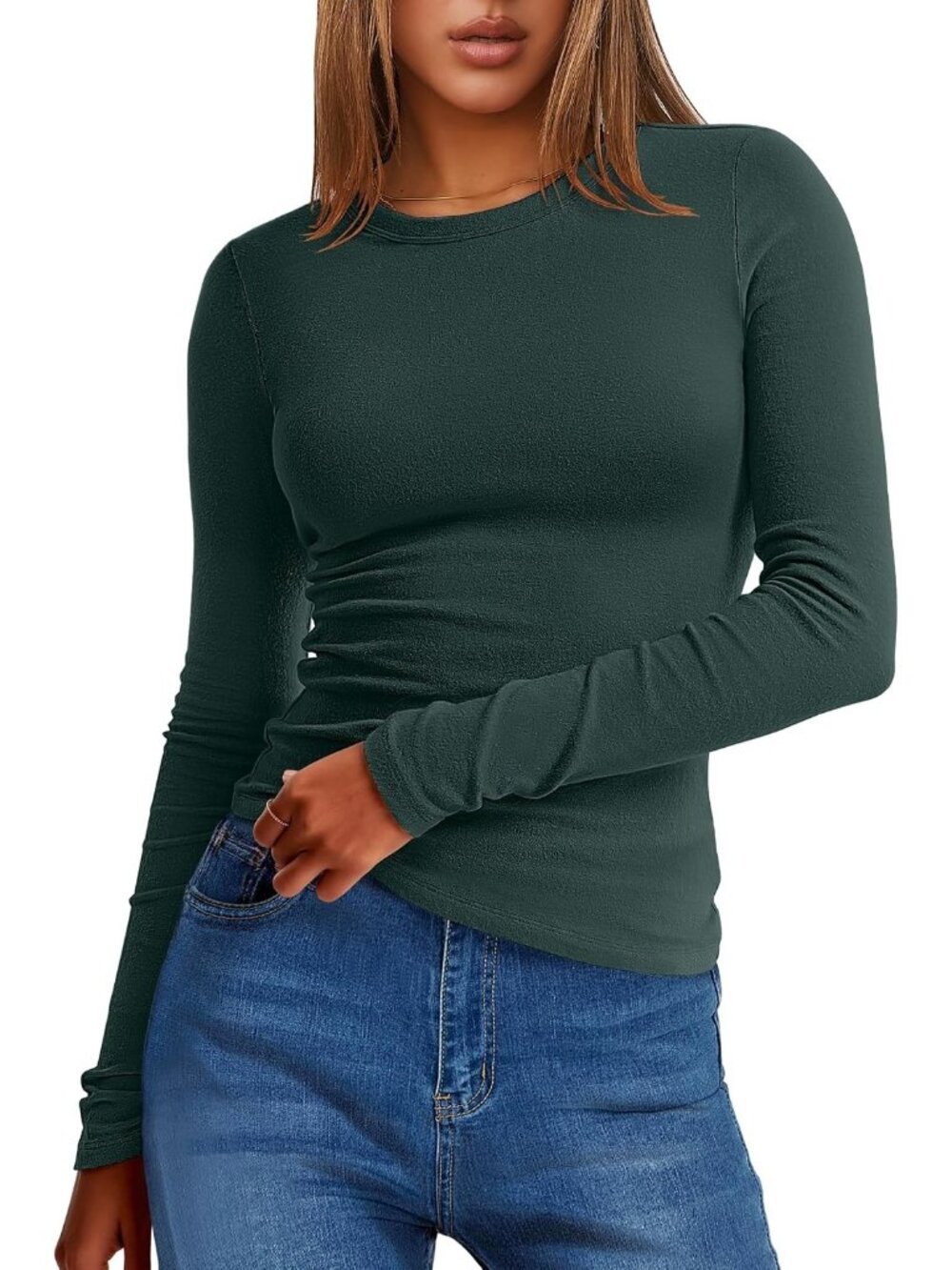 Women's Deep Green Crew Neck Long Sleeve Slim Fitted Imported Tops Tee Shirts